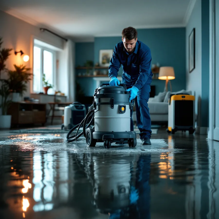 Water damage restoration technician in a navy uniform extracting standing water from a flooded living room