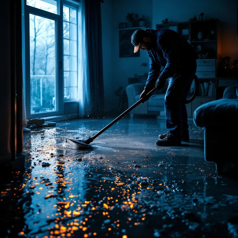 a restoration technician extracting standing water from a flooded living-room floor