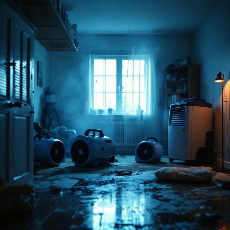 commercial air movers and a dehumidifier drying a wet room