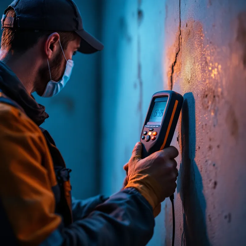 a technician checking a wall for hidden moisture with a moisture meter