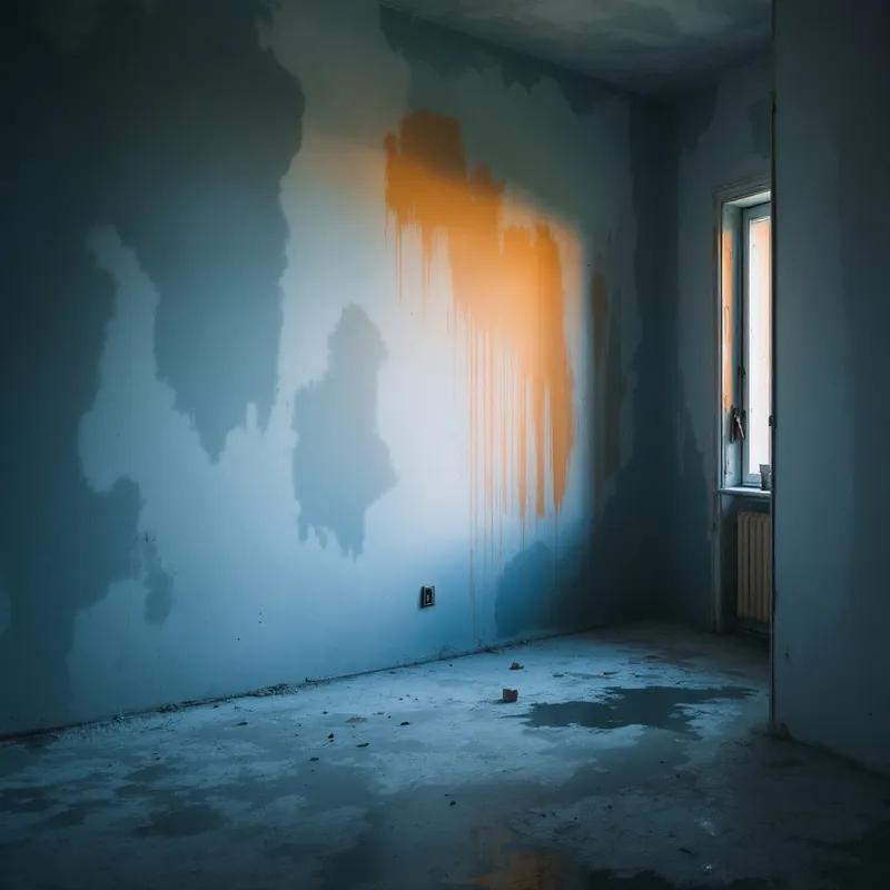 a water-damaged room with wet drywall being dried out