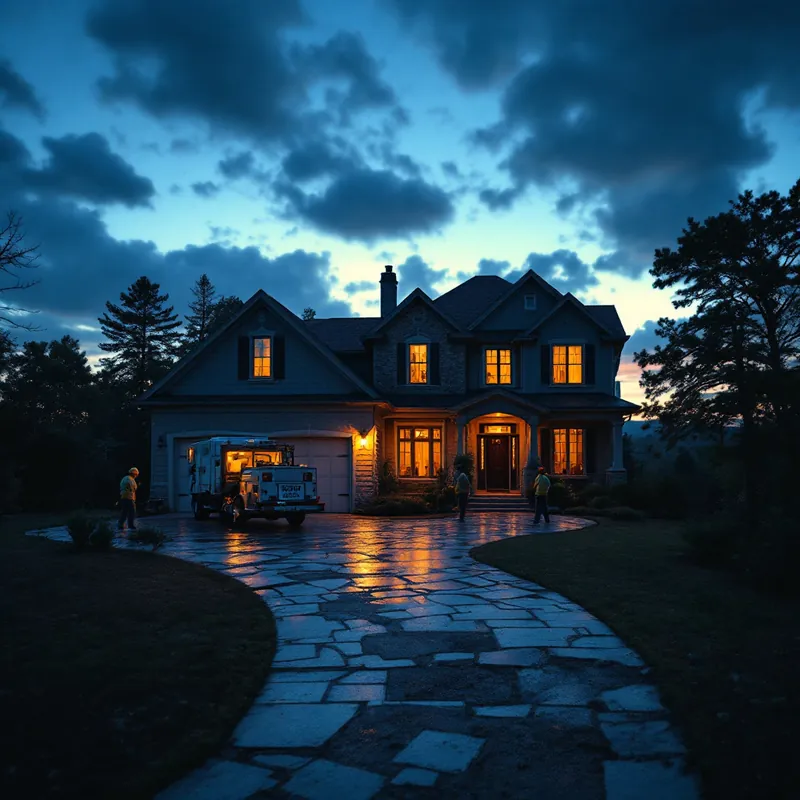 a restoration crew arriving at a home with equipment at dusk