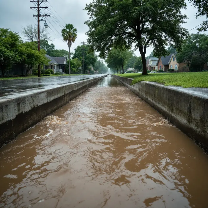 A concrete Texas bayou drainage channel swollen with fast muddy water beside a residential neighborhood