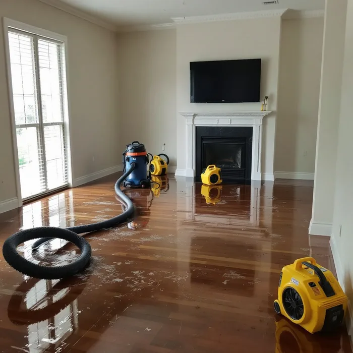 Water extraction hose and yellow air movers drying a flooded Houston living room with standing water on hardwood floor