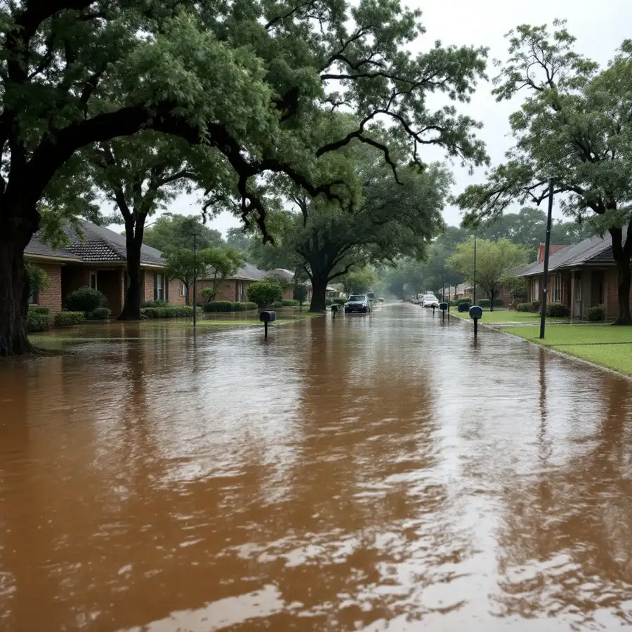 Flooded residential street in a Houston neighborhood with brown storm water up to the mailboxes and brick homes