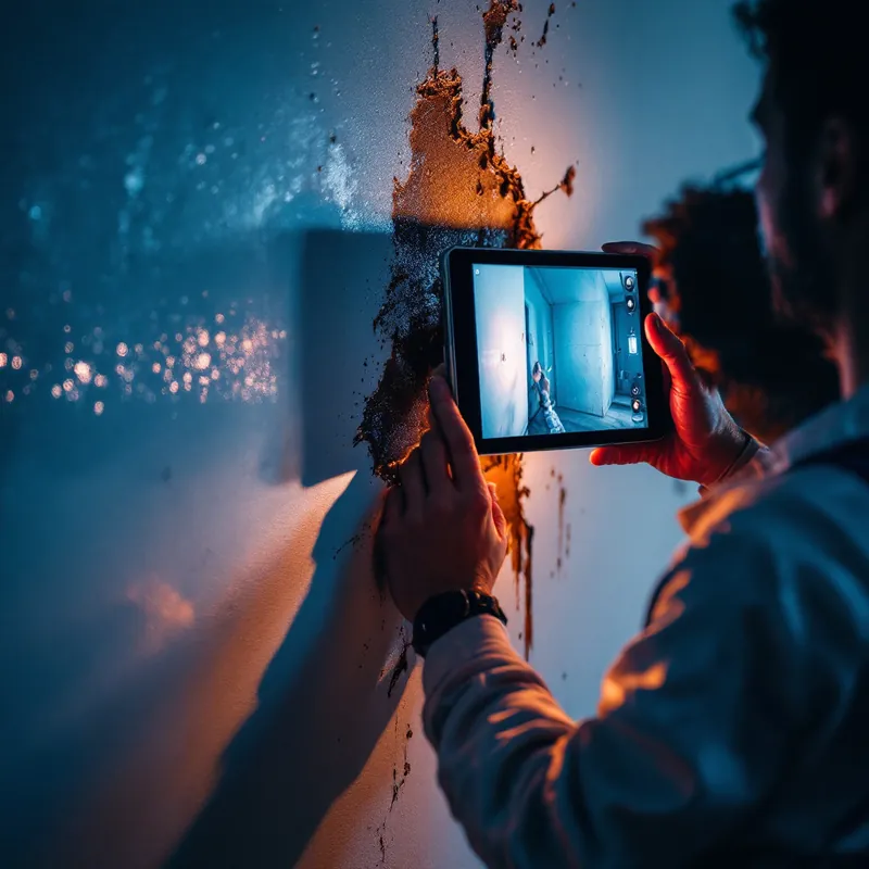 a technician photographing water damage on a wall with a tablet