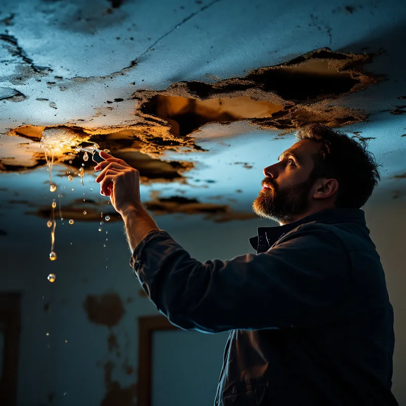 an insurance adjuster inspecting a water-damaged ceiling