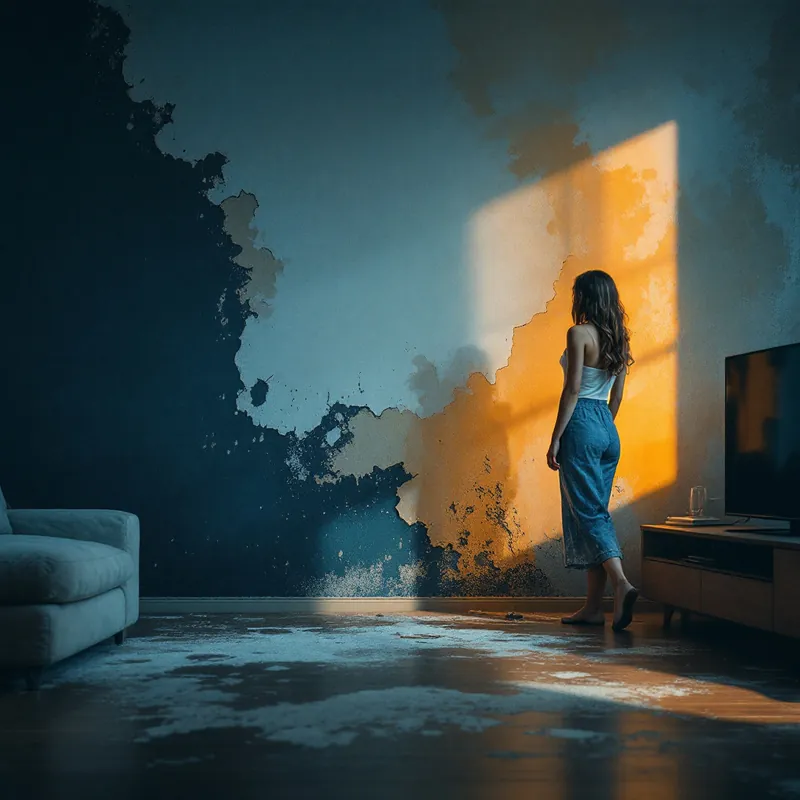 a large water stain and damage on a living room wall