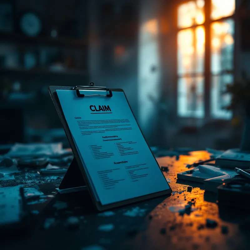 a clipboard with claim paperwork in a damaged room