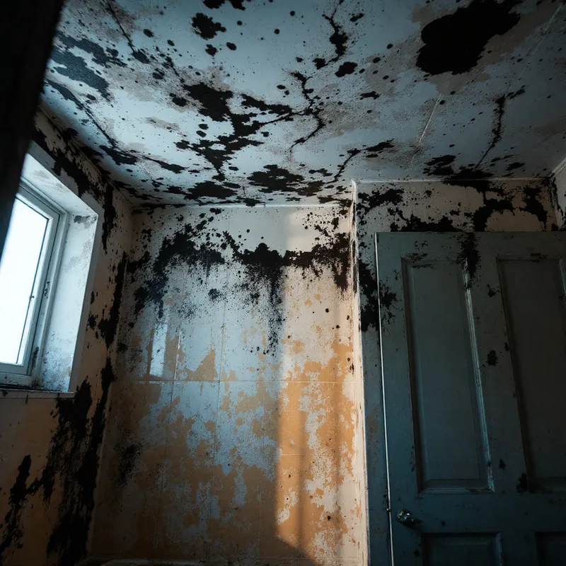 black mold spreading across a bathroom wall and ceiling