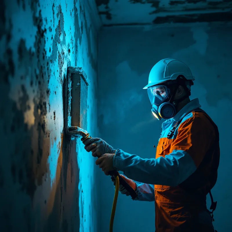 a technician in a respirator removing moldy drywall