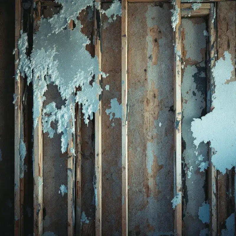 mold growth on wooden wall framing behind removed drywall