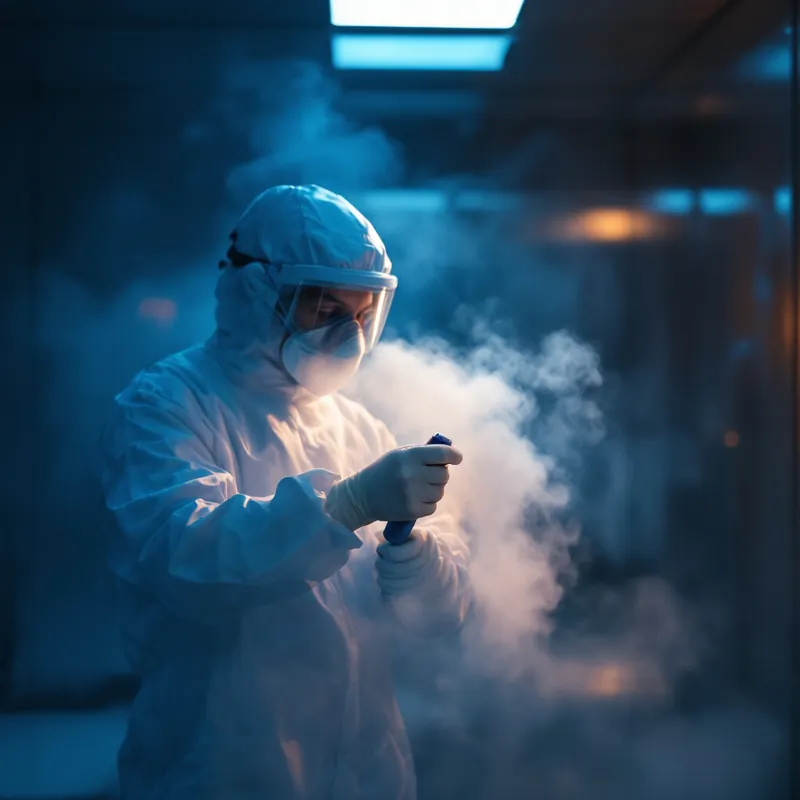 a technician fogging antimicrobial treatment in a cleared room