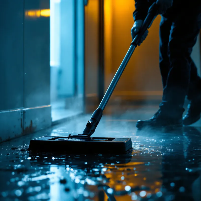 a technician extracting standing water from a floor with a wand