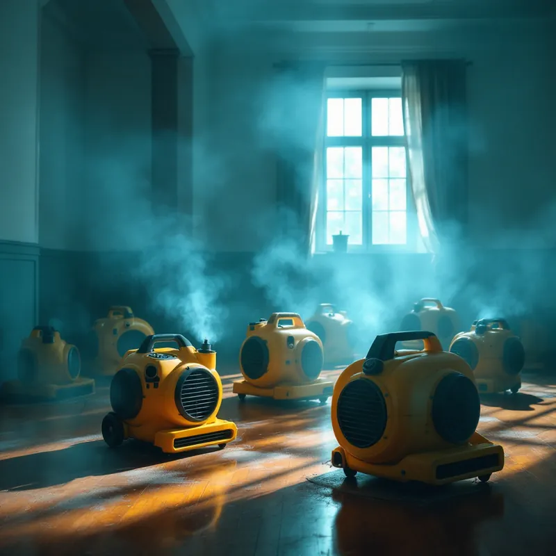 an array of commercial air movers drying a room floor