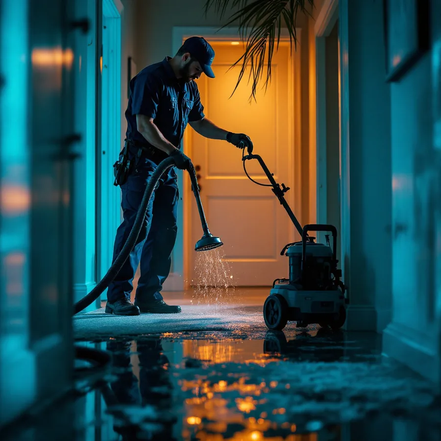 Restoration technician using a water extraction wand and portable extractor to pull water from a soaked floor