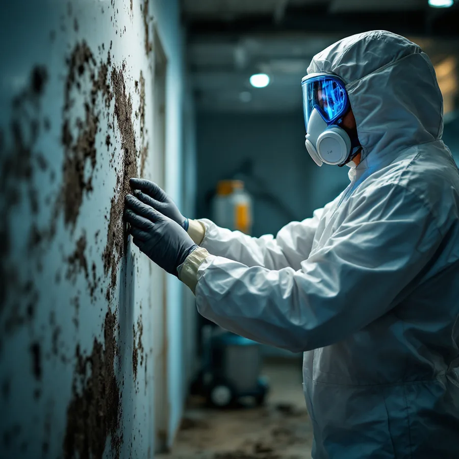 Certified technician in protective coveralls and respirator removing black mold from a wall inside a sealed containment zone