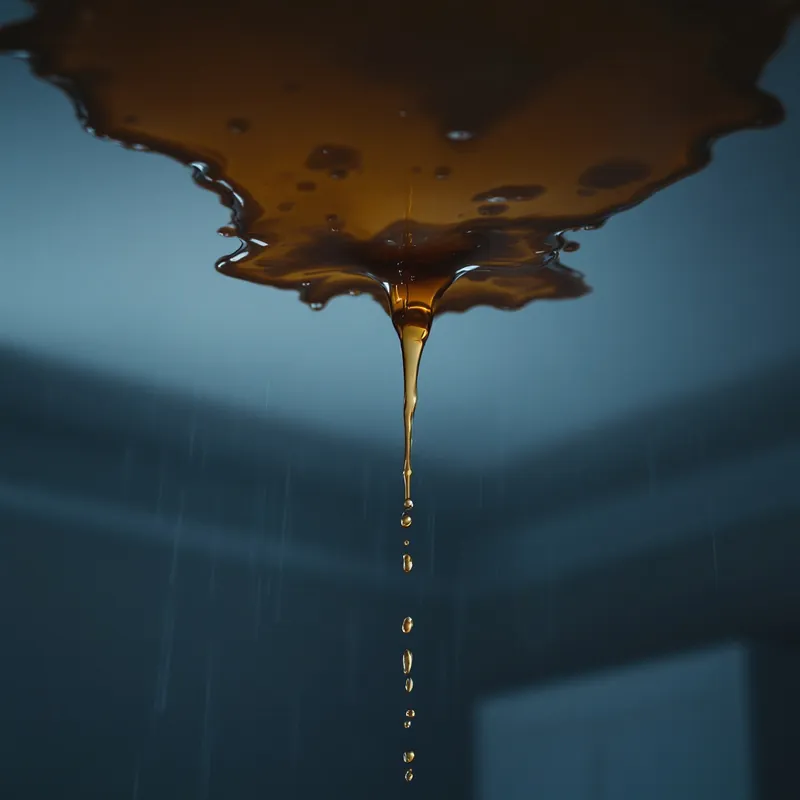 a large brown water stain and active drip on a white ceiling