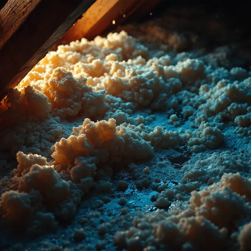 wet clumped attic insulation soaked under a roof leak
