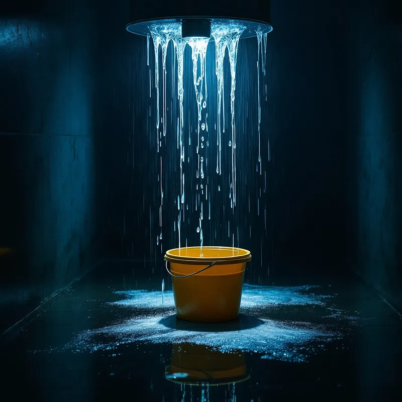a bucket on the floor catching water dripping from a ceiling