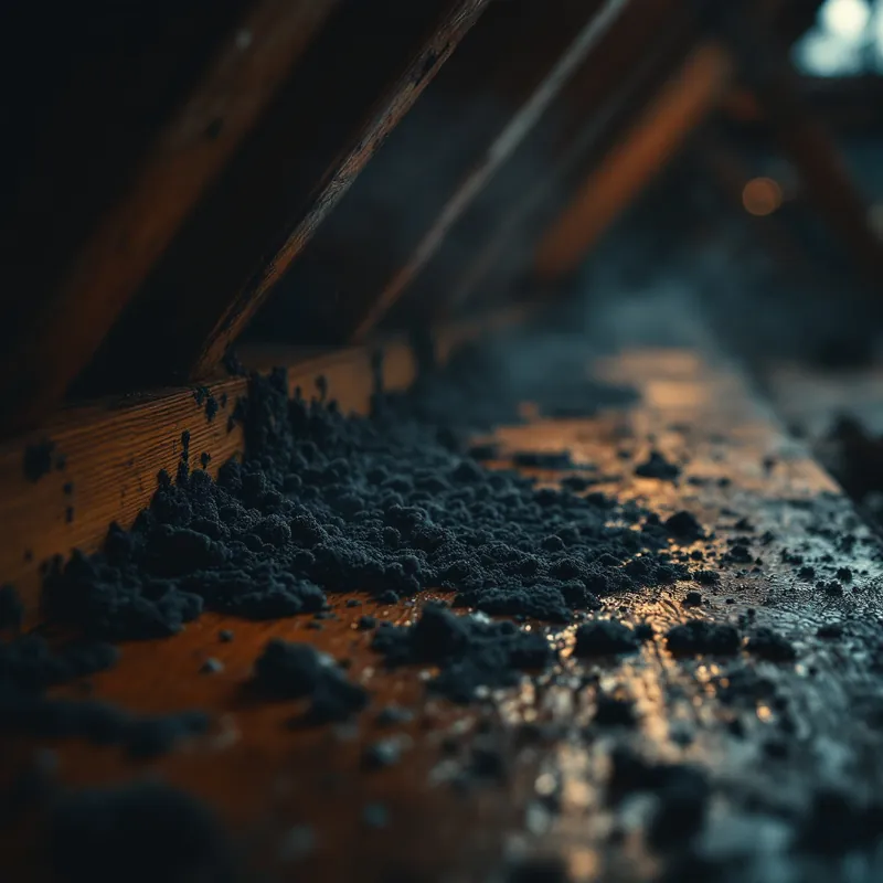 dark mold growth in an attic on wooden roof decking
