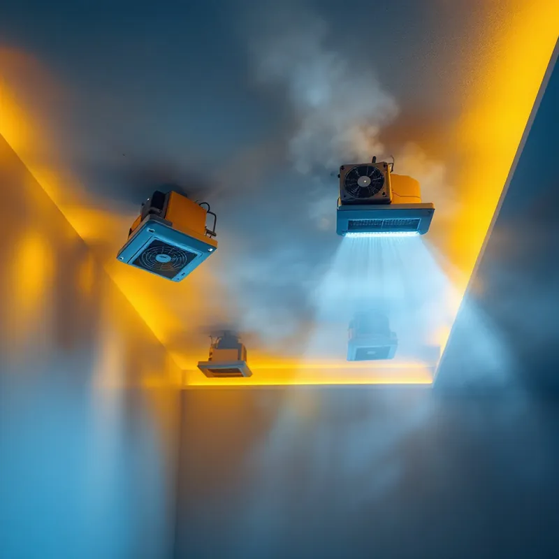 commercial air movers drying a ceiling and room after a roof leak
