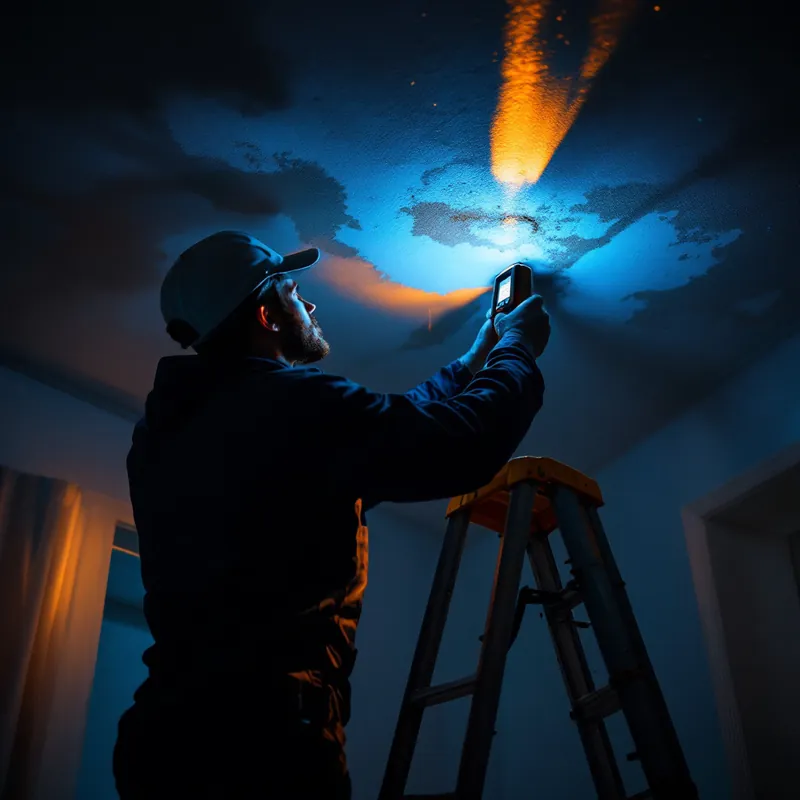 a technician on a ladder inspecting a ceiling stain with a moisture meter