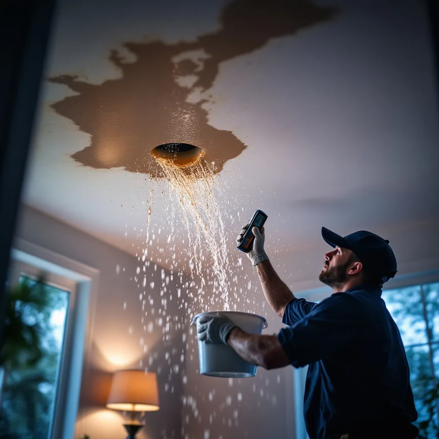 Restoration technician with a bucket and moisture meter under water dripping through a stained ceiling from a roof leak