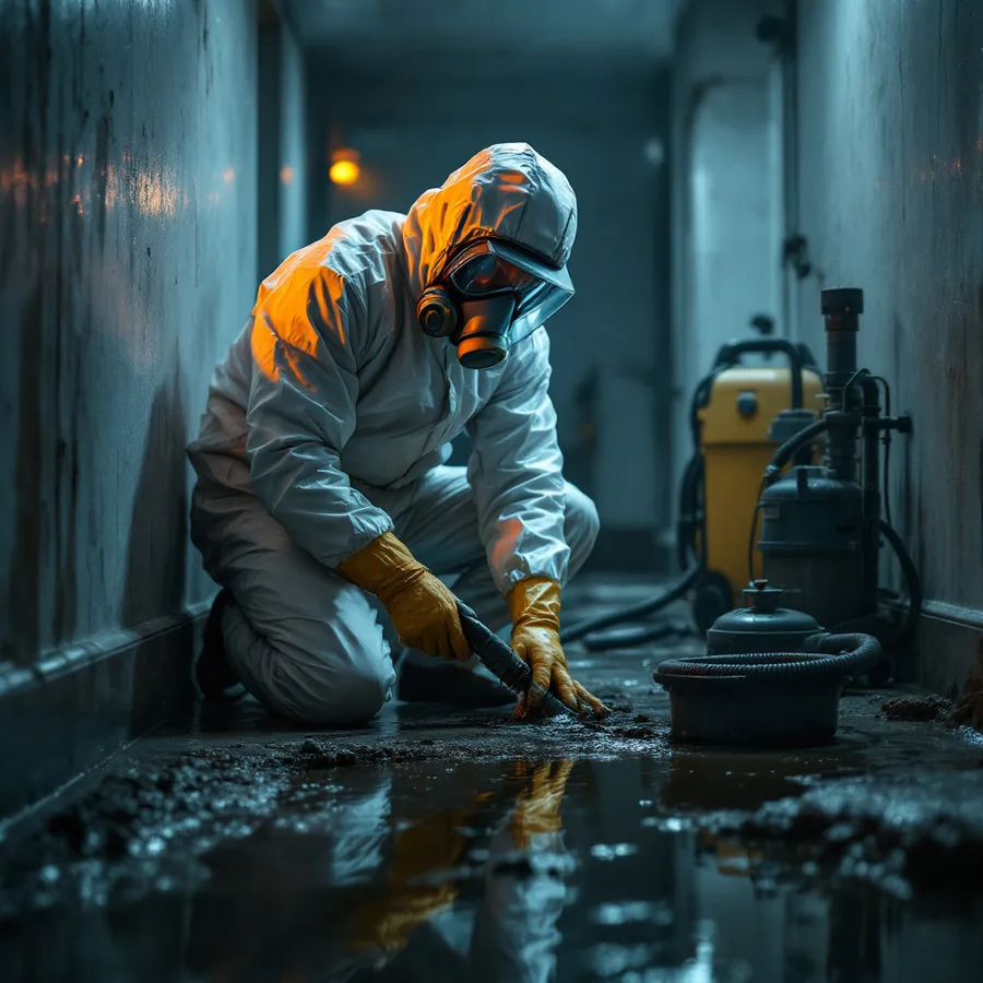 Technician in a full hazmat suit and respirator cleaning up a sewage backup on a basement floor