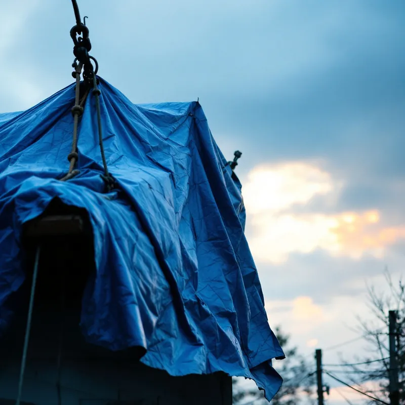 a heavy-duty tarp anchored over a storm-damaged roof