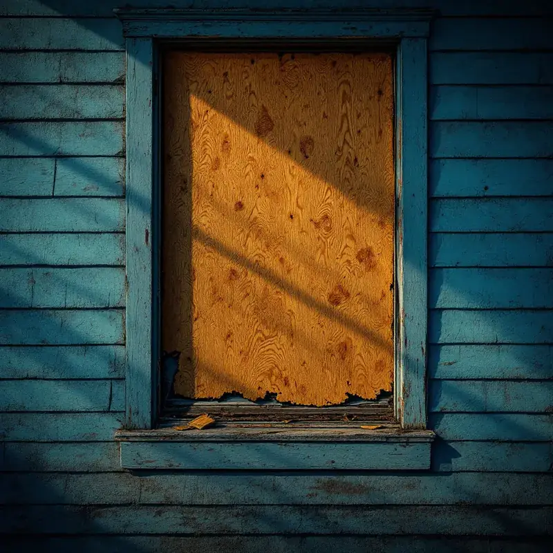 a plywood board covering a broken window on a house
