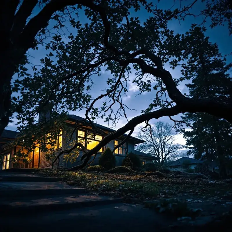 a large tree branch fallen onto a residential roof