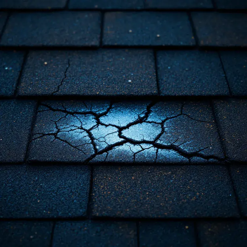 hail-dented and cracked asphalt shingles on a roof