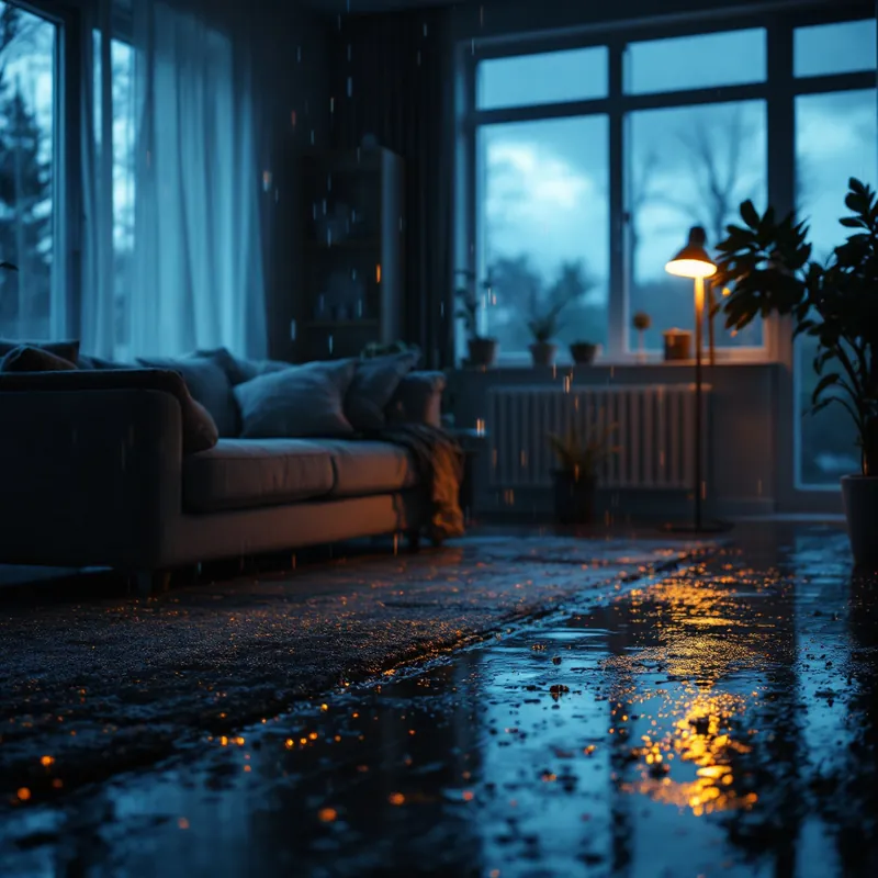 a living room with rain water on the floor after a storm