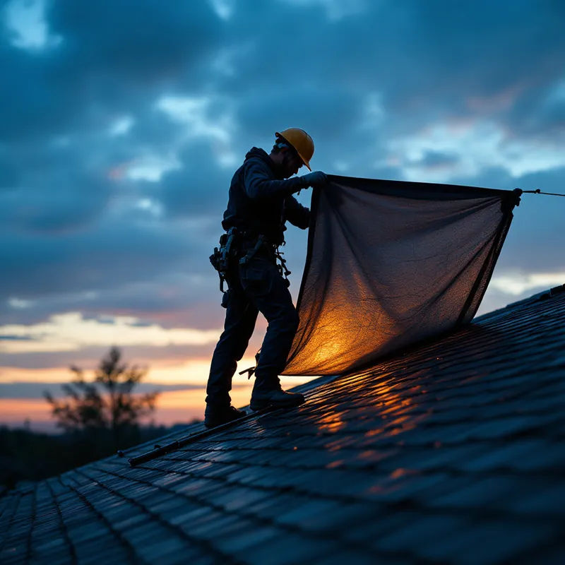 a technician securing an emergency tarp at dusk