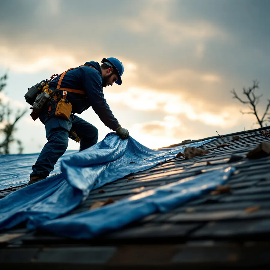 Restoration technician securing an emergency tarp over a storm-damaged residential roof at dusk