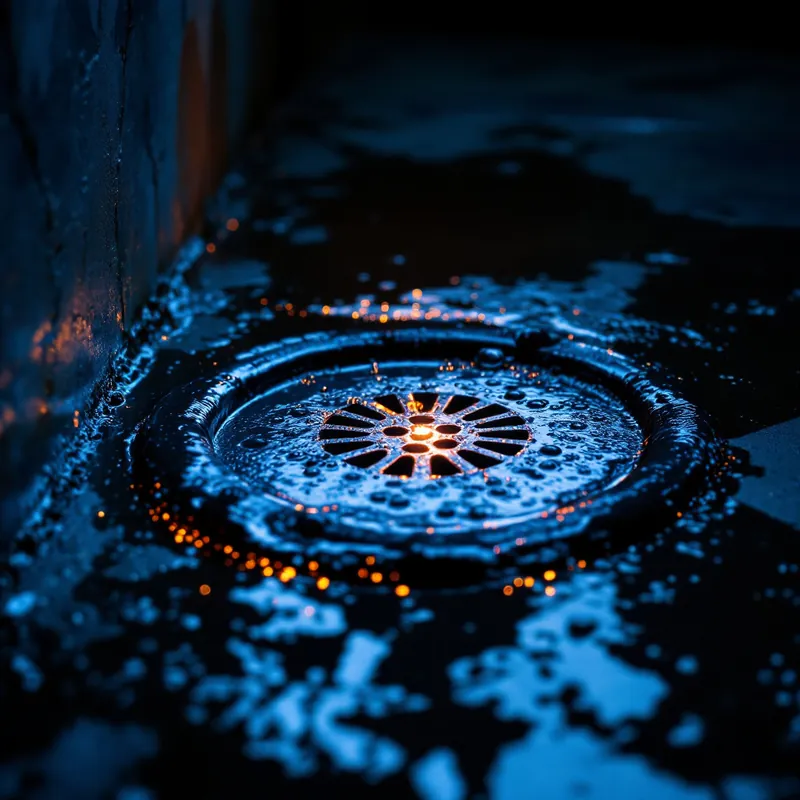 contaminated dark sewage water backed up around a floor drain