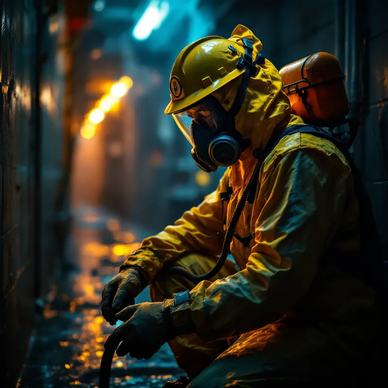 a technician in a hazmat suit and respirator during sewage cleanup