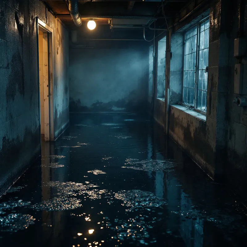a basement flooded with dark contaminated water