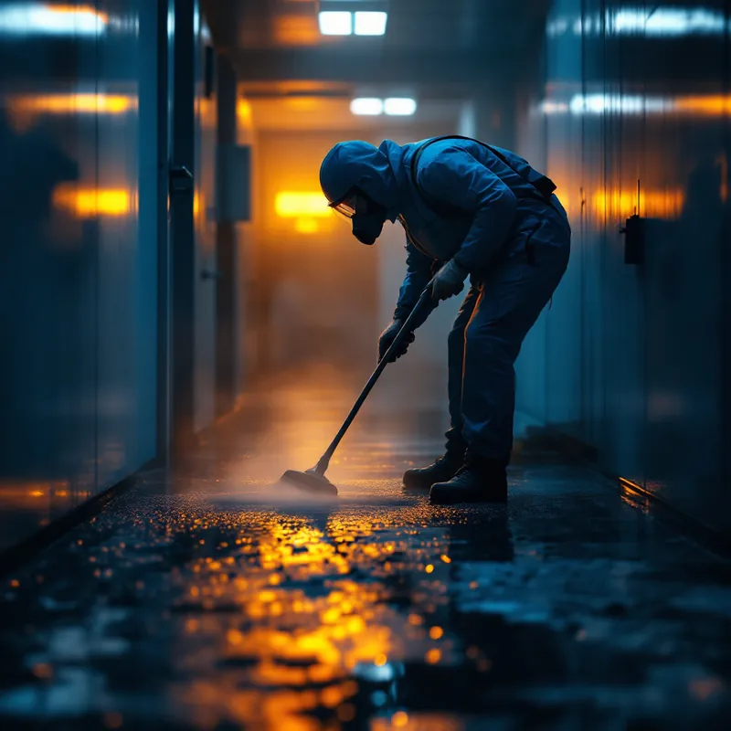 a technician disinfecting a floor after a sewage backup