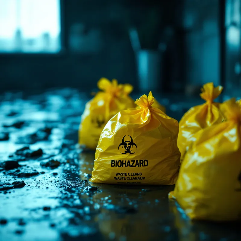 yellow biohazard waste bags sealed after sewage cleanup