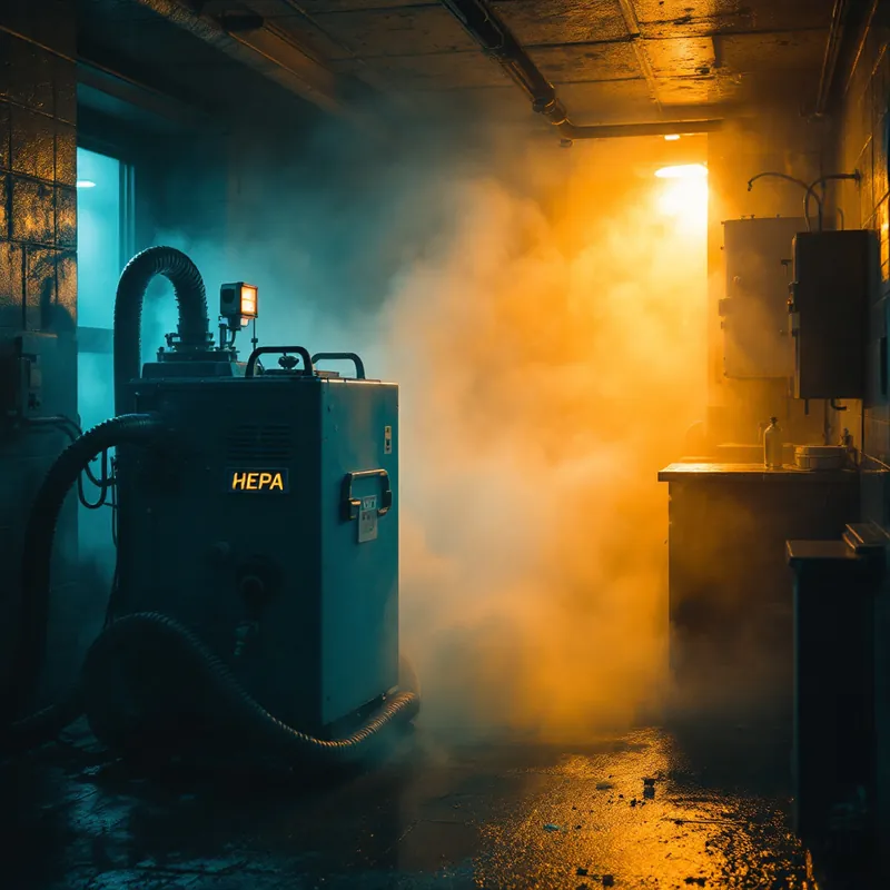 a HEPA air scrubber running during biohazard cleanup