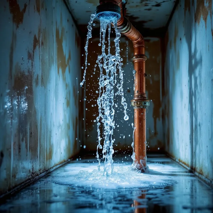 Burst copper water pipe spraying inside a Texas home during a hard winter freeze like Winter Storm Uri