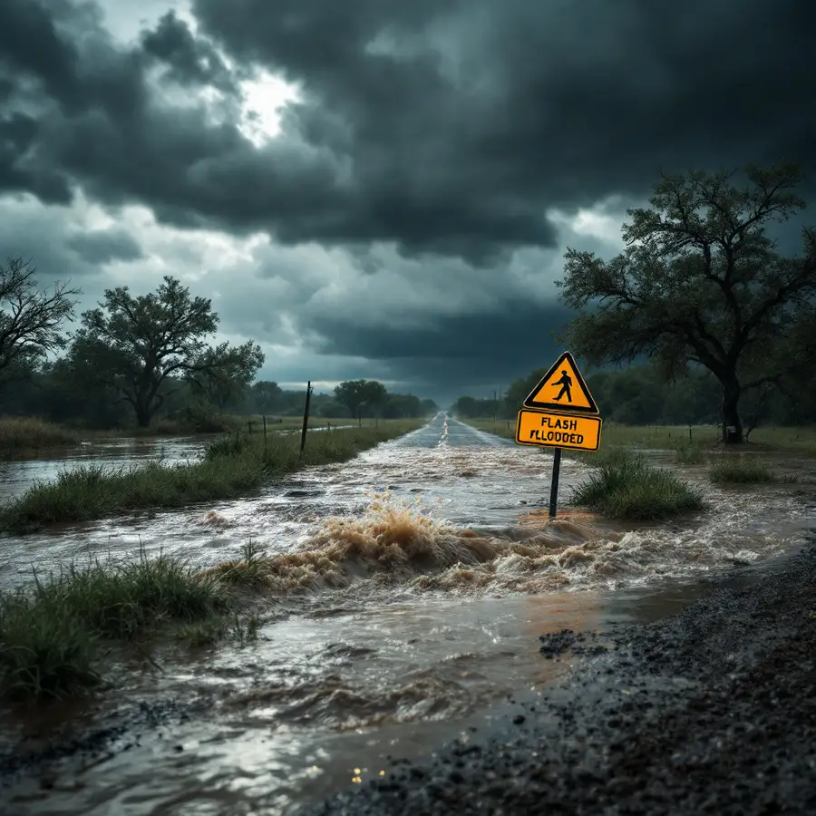 Flash flood water rushing over a rural Texas road with a storm-darkened sky in Flash Flood Alley