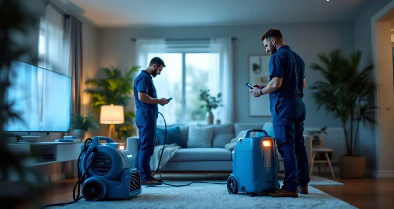 Certified restoration technicians setting up air movers and dehumidifiers in a home