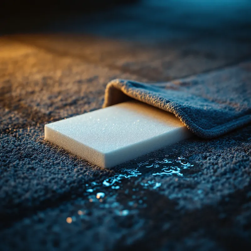 a lifted corner of carpet revealing a soaking wet foam pad underneath