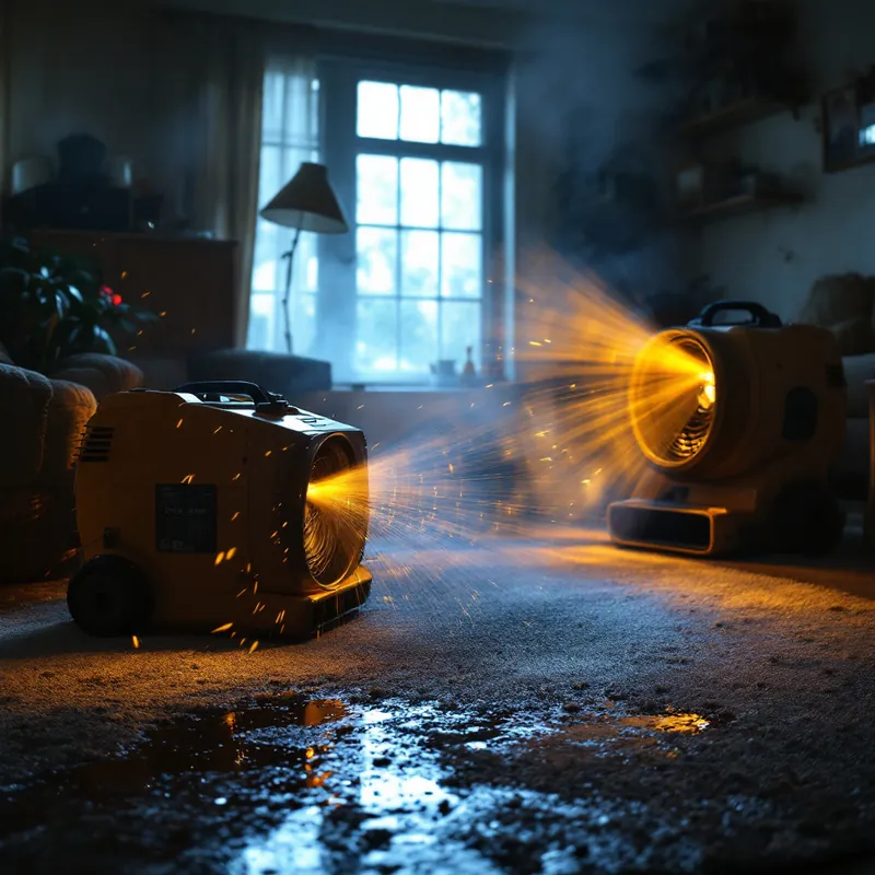 commercial air movers blowing across wet carpet in a room