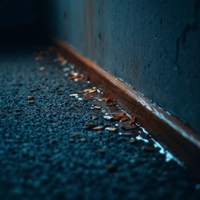 a wet wooden tack strip along the edge of a carpeted room