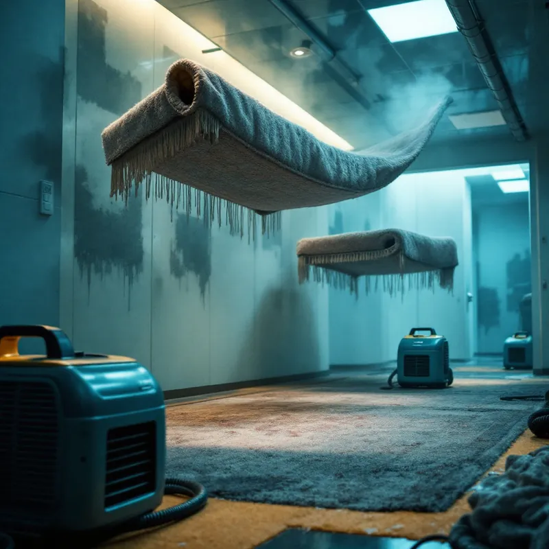a drying room with carpet lifted and floated over air movers