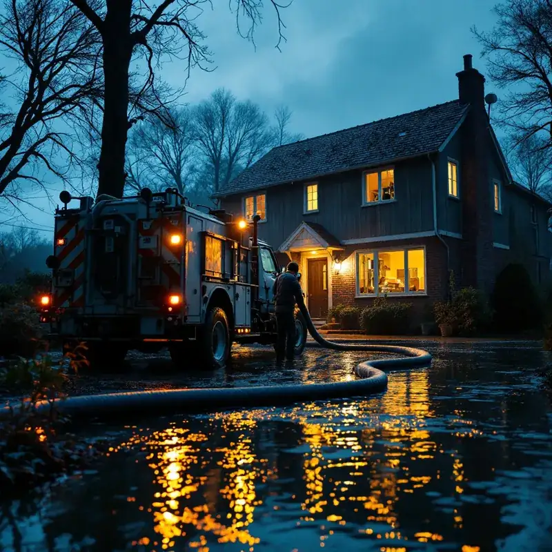 a truck-mounted water extraction hose running into a flooded house